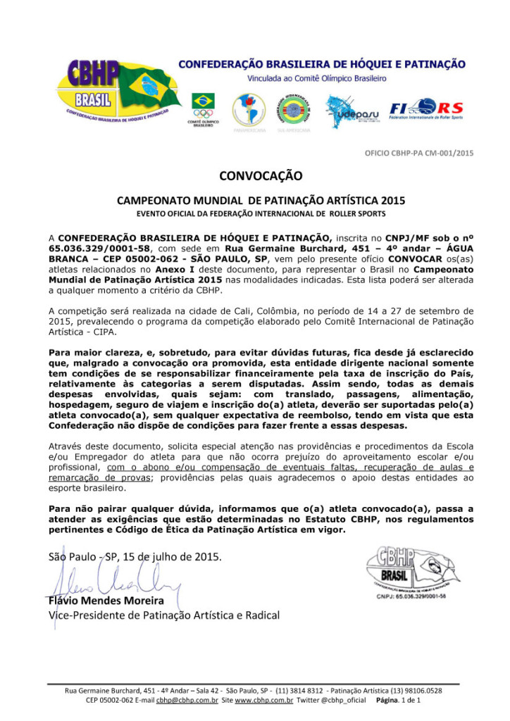 Convocação para o Campeonato Mundial de Patinação Artística 2015 CBHP